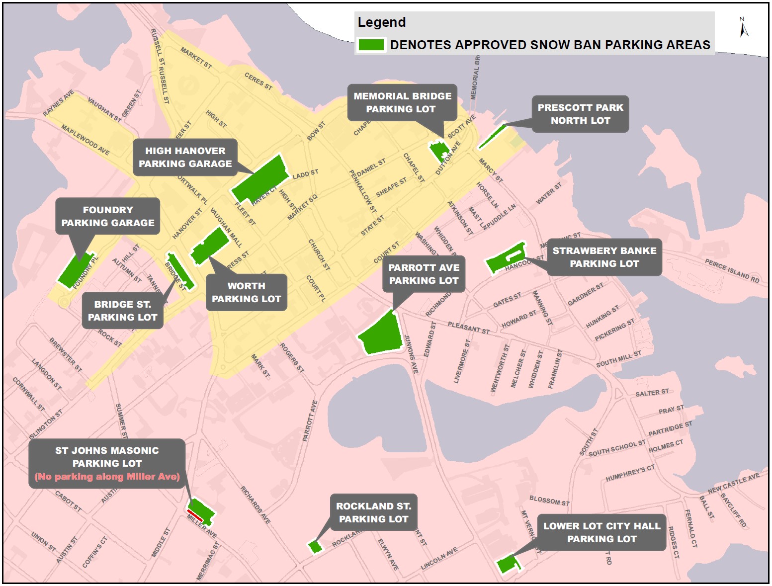A map of Portsmouth with surface lots available for snowstorm parking denoted in green