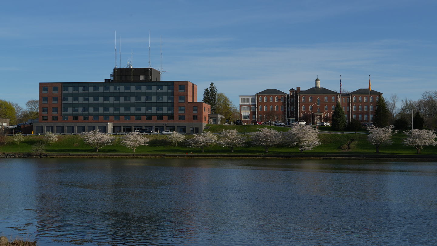 View of City Hall from Haven park across the Mill Pond with the Cherry Trees in bloom