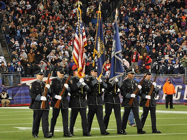 Honor Guard presenting colors at a Patriots Game