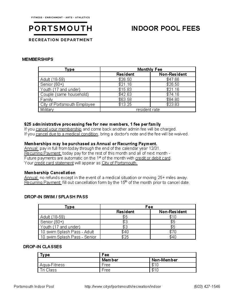 Indoor Pool fees 2023