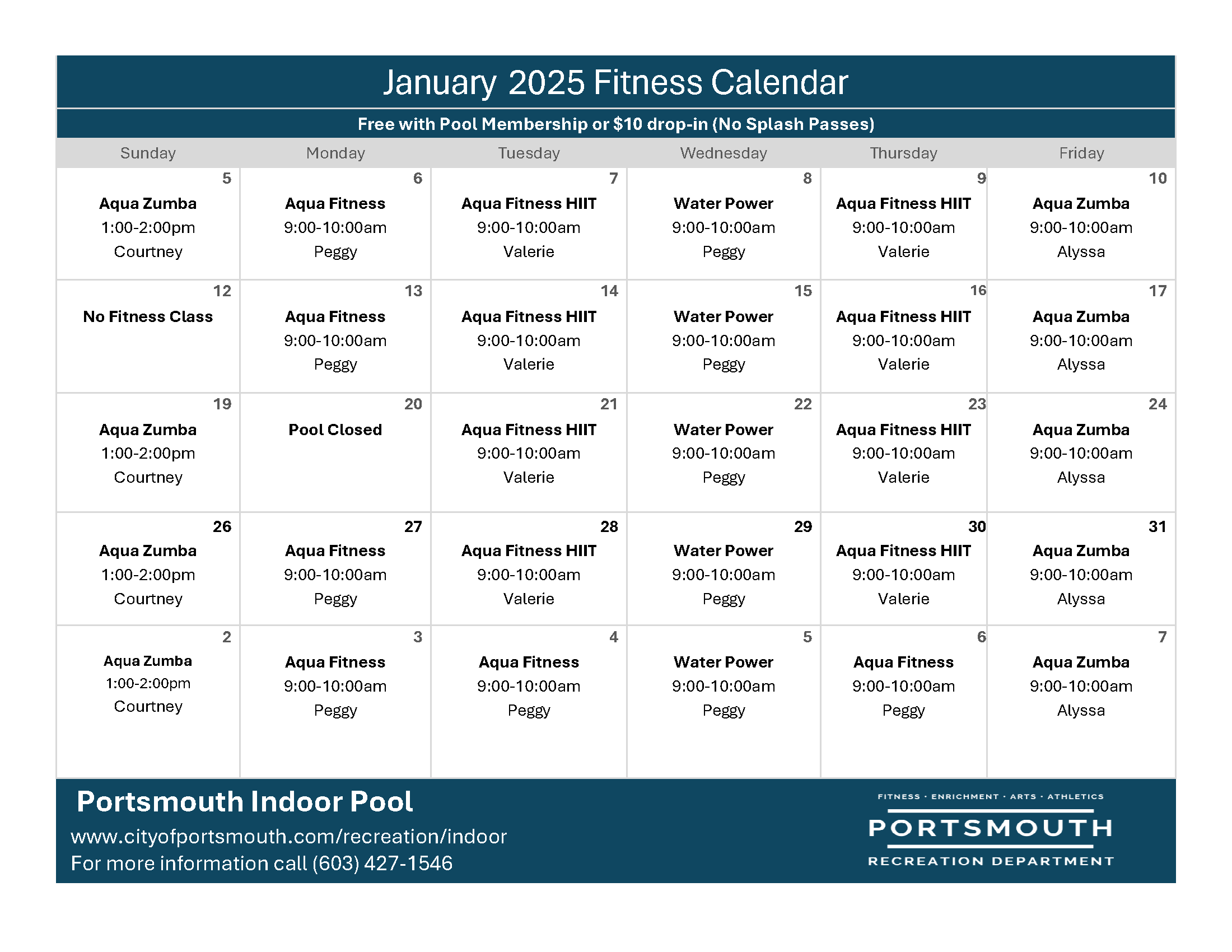 aqua fitness calendar