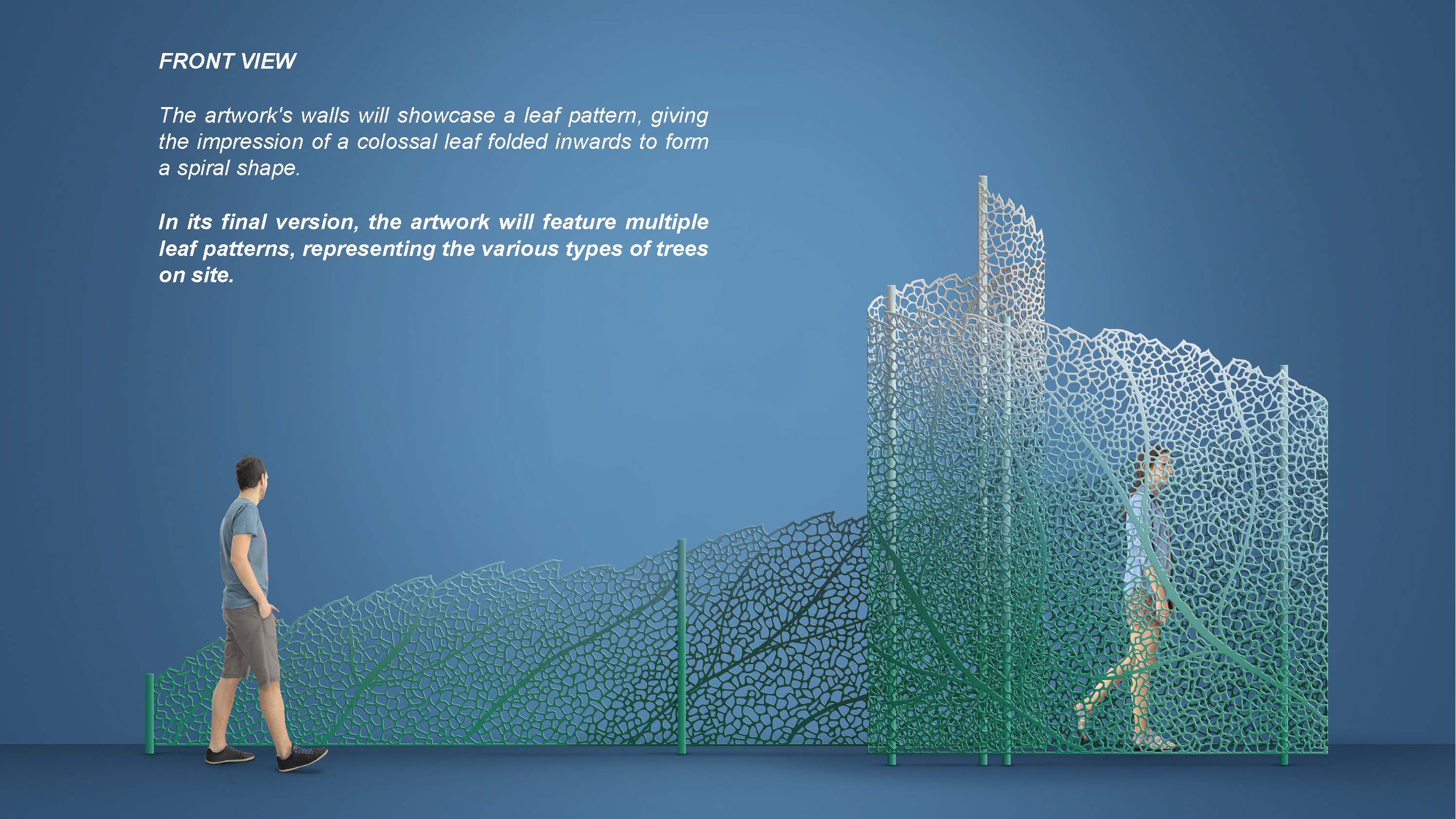 A 3D rendering of the proposed art sculpture viewed from the front at ground level. It shows two people interacting with it by walking in and around it. The sculpture itself is a perforated wall that starts at hip level and as it progresses into a spiral grows in height to be approximately 8'. The wall is designed to have the appearance of a cut out leaf