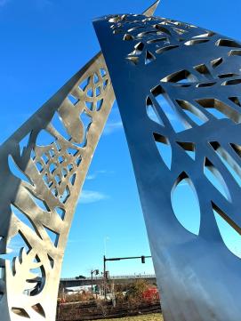 Sculpture framing the river