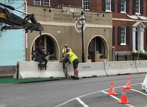 Barricades on Pleasant St. for outdoor dining.