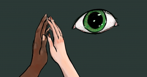 Two hands touching while an eye watches