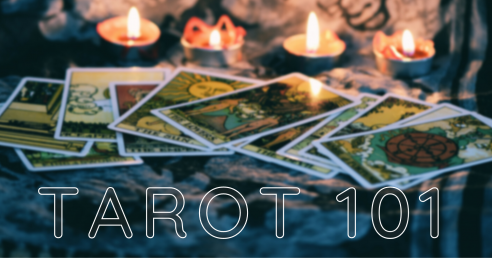 Tarot 101: text over image of cards and candles