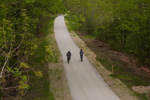 A pair of bicyclists on the rail trail in a green wood